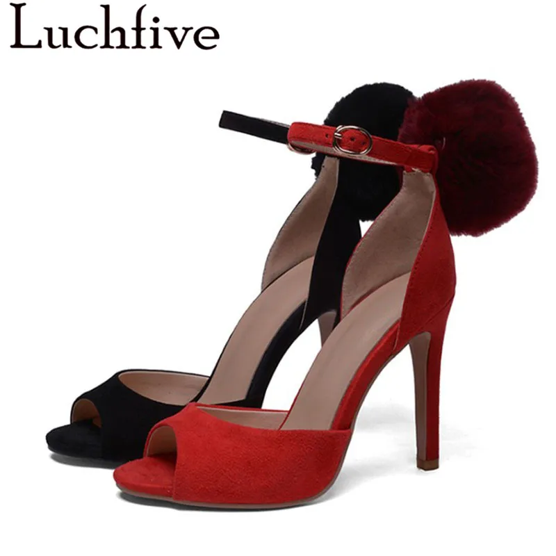 

Summer kid suede pompoms sandals women high heels ankle strap peep toe 2018 runway cover heel pumps dress shoes women