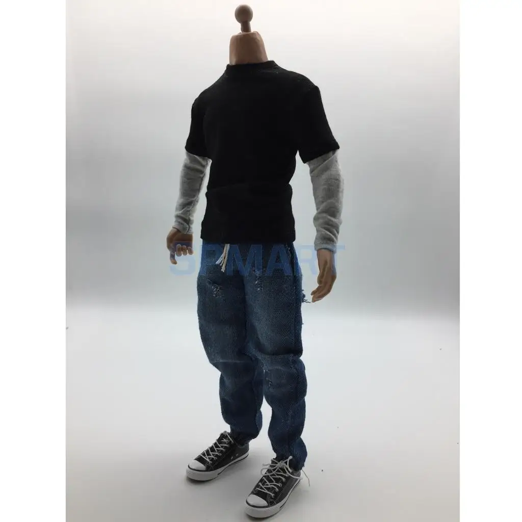 1/6 Scale Mens Outfits Clothes Black Long T-shirt Denim Jeans and Canvas Shoes Set for 12inch   Action Figure Accessories