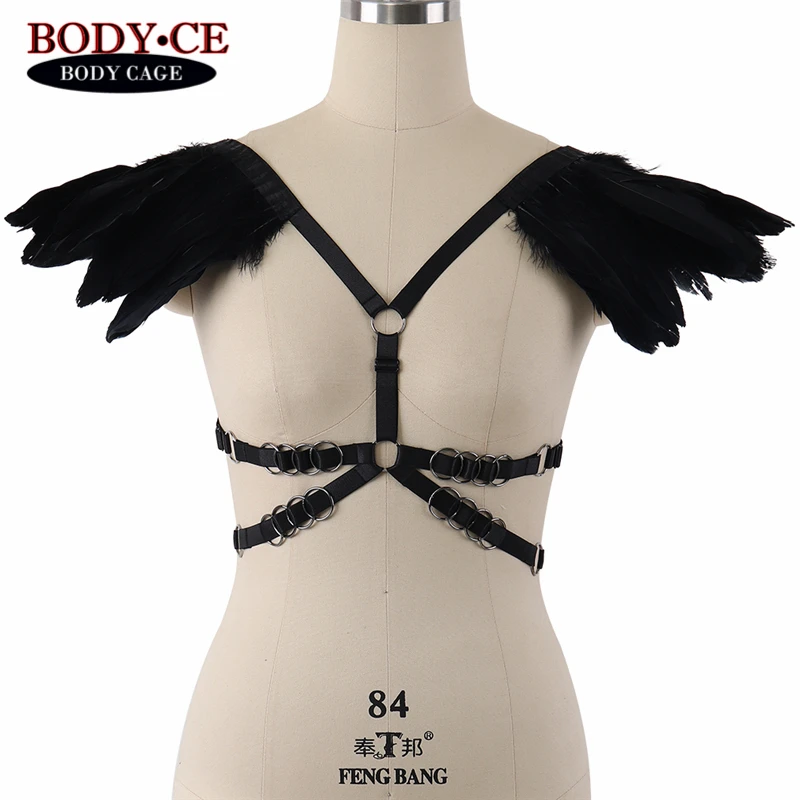 Черное перо готические крылья эполеты накидка на плечи сжигающий Человек фестиваль тело жгут танец женское бельё в стиле "рейв" женские платья с перьями