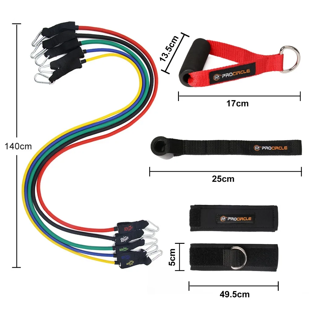 Procircle Эспандеры 11 шт. набор с 5 тренировочными трубками, дверной якорь, ручки из пеноматериала, ремни на лодыжки и чехол для переноски