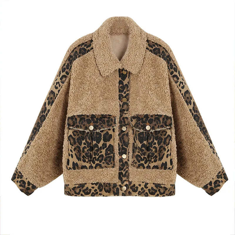 

Women Leopard Print Pocket Fluffy Fur Coat Wool Blends Autumn Winter Jacket Warm Thick Overcoat New Arrival Hot Sale