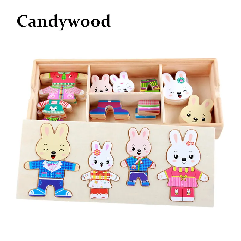 Cartoon Rabbit Change Clothes Wooden font b Toy b font Puzzles Montessori Educational Dress Changing Jigsaw