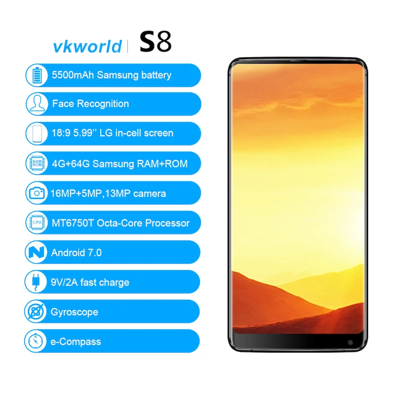 VKworld S8 4G Android 7,0 смартфон 5,9" 18:9 полный Экран MTK6750T Octa Core 4 Гб 64 Гб распознавания лиц 5500 мА/ч, чехол для мобильного телефона