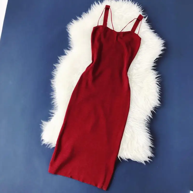 

2019 new fashion women's adult clothing solid color stretch knit sexy bag hip split long temperament strap dress