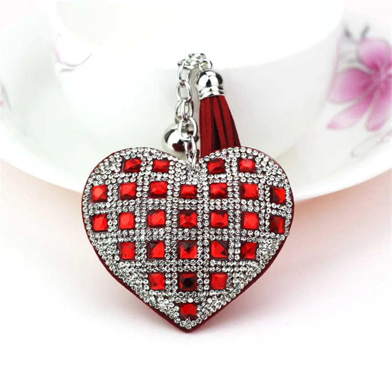 Fashion Keychain Heart Shape Female Full Glass Beads Key Covers Mosaic Leather Fringed Key Chain Car Ring Cap Gift - Color: 4