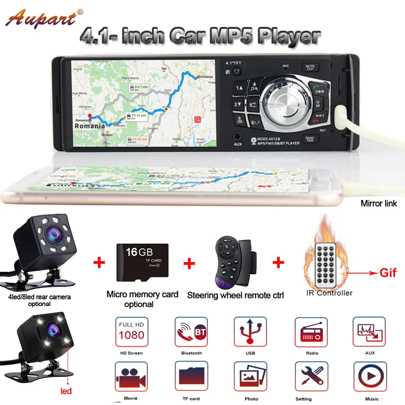 

universal multimedia for car 1 Din Car Radio 4.1 inch mp5 player with steering wheel remote control bluetooth rear camera