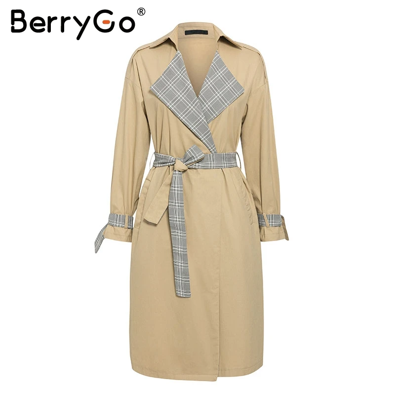 BerryGo повседневные женские тренчи с отложным воротником элегантные офисные женские клетчатые осенне-зимние длинные пиджаки поясная сумка пальто
