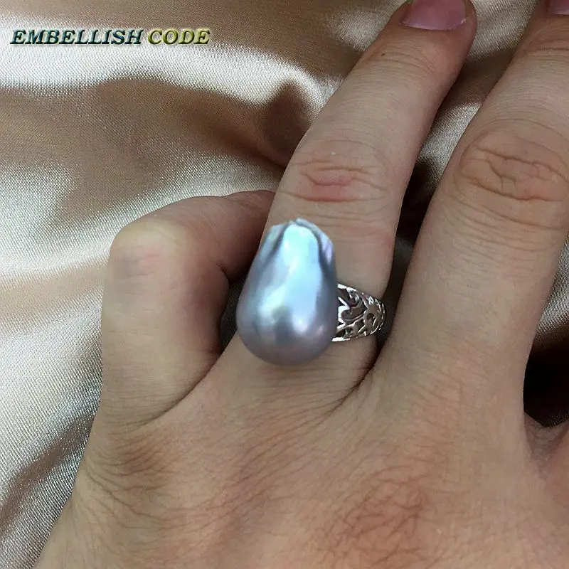Регулируемое кольцо с жемчугом в стиле барокко, 925 серебряное кольцо, простое классическое серое блестящее кольцо из ткани, огненный шар для женщин