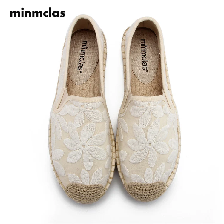 

Minmclas Summer Slippers Lace Flower Animal Comfortable Blue Stripe Womens Casual Espadrilles Shoes Breathable Flax Hemp Canvas