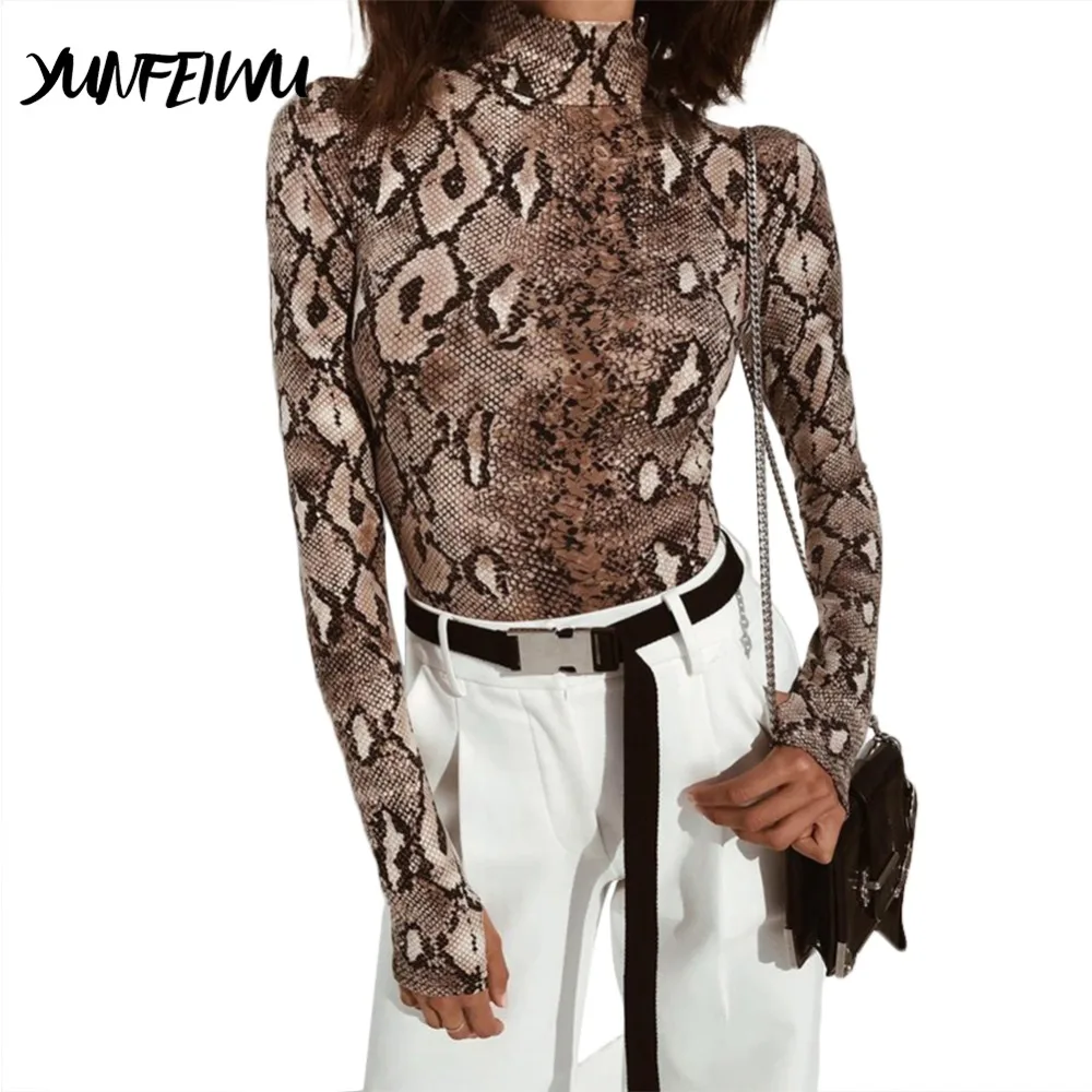 Sexy Women Snake Printed Long Sleeve Bodysuit 2019 Spring Colthes Turtleneck Thumbholes Skinny