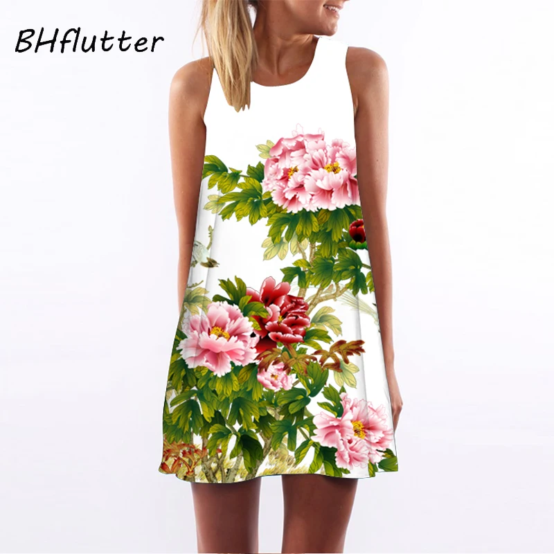 BHflutter فستان صيفي 2018 جديد نمط الطباعة الرقمية فستان كاجوال النساء أكمام قصيرة بوهو نمط البسيطة شاطئ اللباس Vestidos