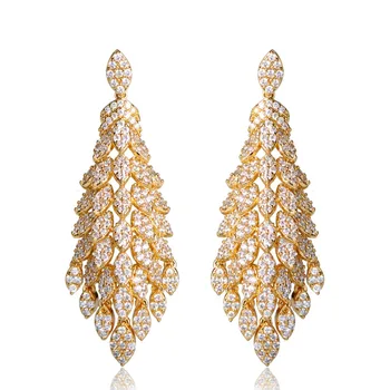 

Dazz Luxuries Full Leaf Zircon Bead Dangle Earrings Gold-Color Copper Long Tassel Drop Earring Female Engagement Gift Brincos
