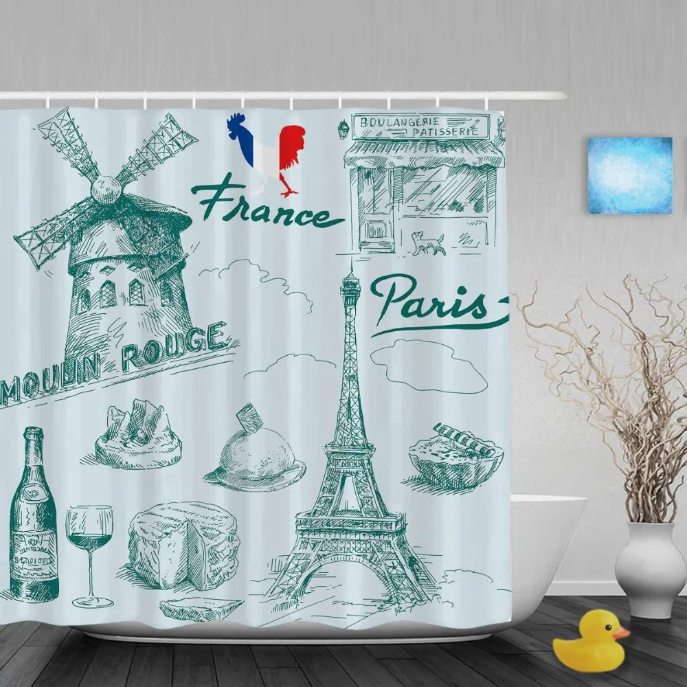 Vintage France Original Hand Drawn Bathroom Curtains Eiffel Tower Decor