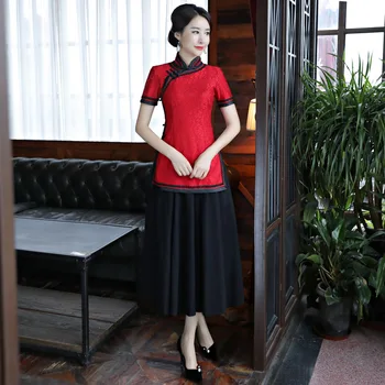 

Vintage Chinese Blouse Skirt Sets Women Lace Short Sleeve Shirt Mandarin Collar 2pc Clothing Summer Qipao Dress Suit Size S-XXXL