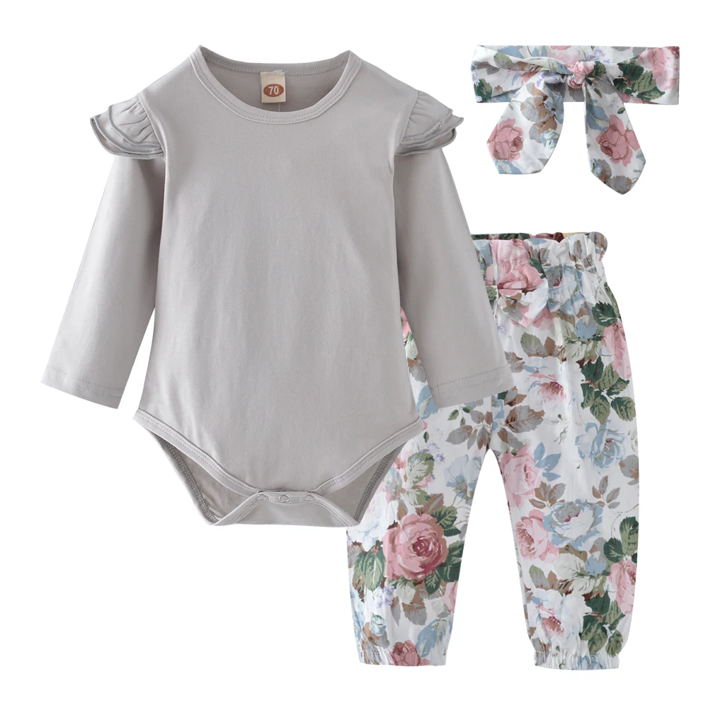 Комплект одежды из 3 предметов для маленьких девочек, серый бодик с длинными рукавами и цветочным принтом, штаны и одежда для новорождённых с повязкой на голову