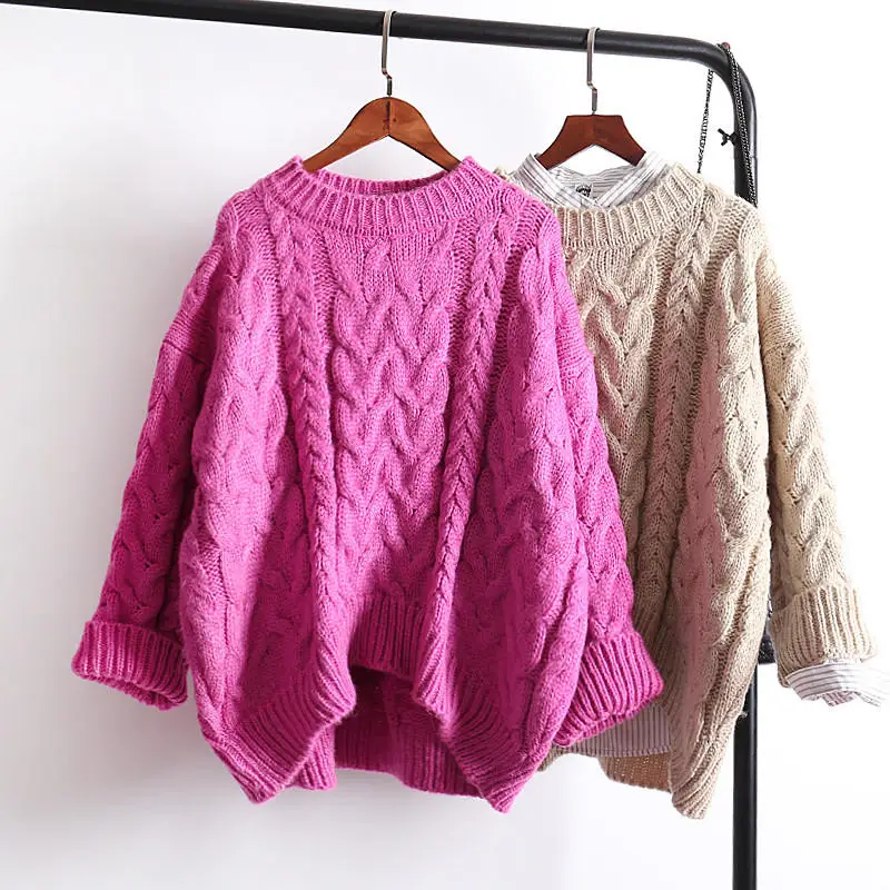 Теплые пуловеры вязаный свитер женский свободный длинный рукав вязаный пуловер Женский o-образный вырез винтажный толстый свитер женская одежда Q1788