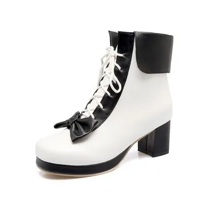 Женские ботинки; коллекция года; сезон осень-зима; ботинки на высоком каблуке в стиле Лолиты с милым бантом; модные теплые удобные ботинки для верховой езды на шнуровке - Цвет: Черный