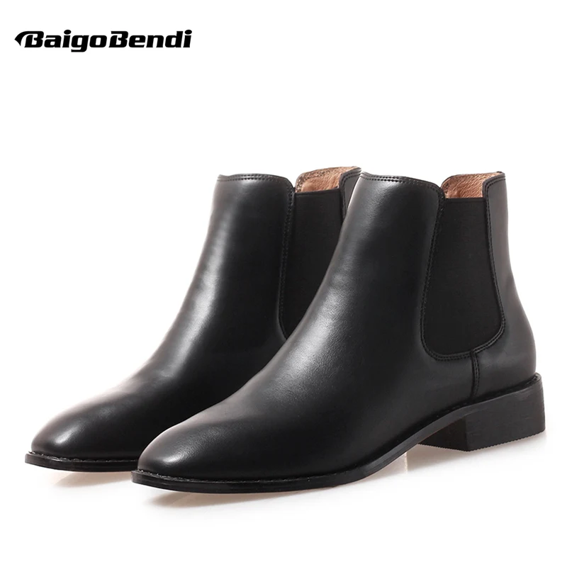 

US Size New Trendy Womens Square Toe Chelsea Ankle Boots Ladies Slip On Boots Winter Casual Shoes Flat Boots