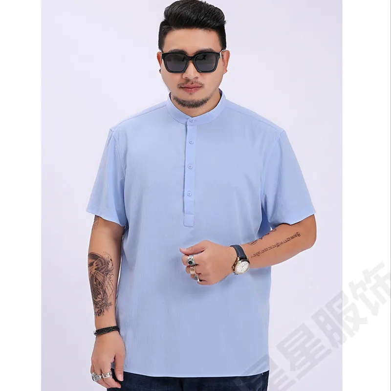 8XL 6XL 5XL мужские однотонные платья с коротким рукавом рубашки Высокое качество хлопок лен дышащая мягкая классическая рубашка Китайский Ретро Винтаж - Цвет: Синий