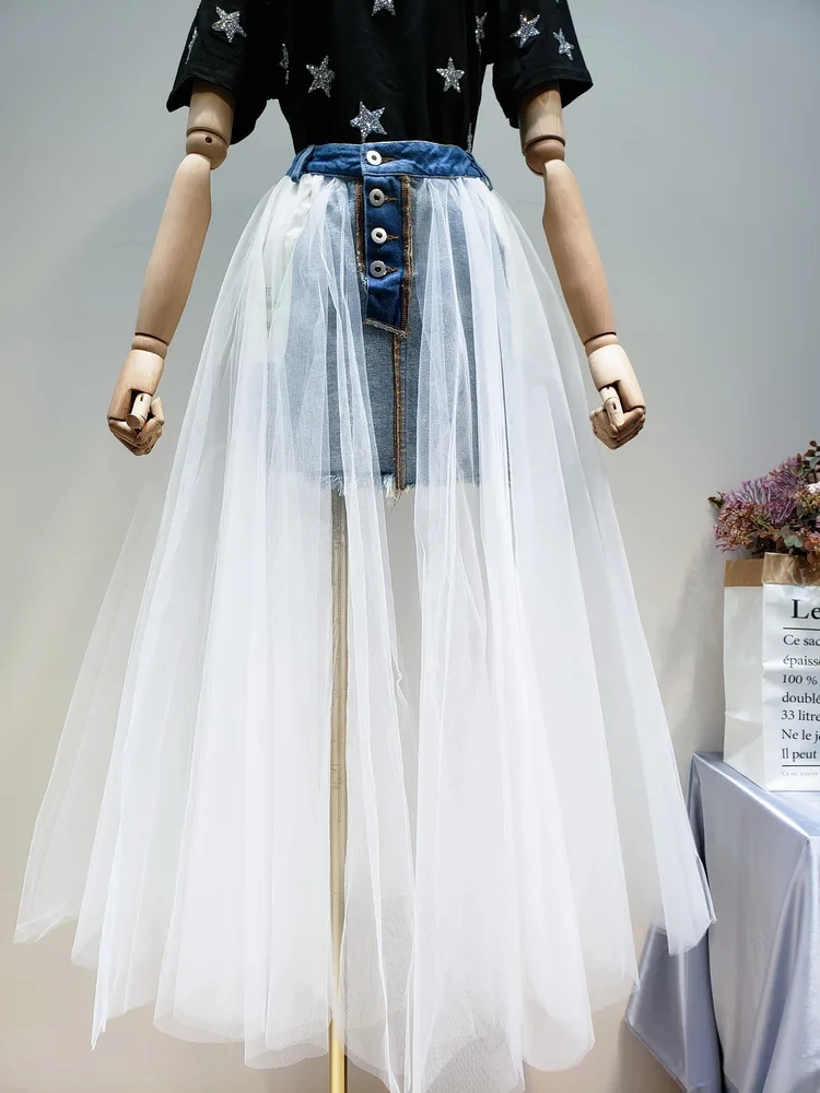 

European Women fake two piece denim skirt annti-wear high waist stitching white fairy mesh large swing double jeans skirts