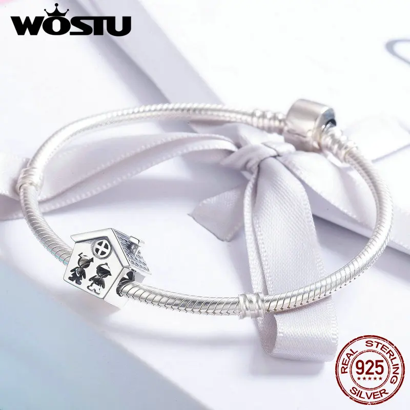 WOSTU 100% Pure 925 Sterling Silver Openwork Boy and Girl Loving Home Family Beads for Women Charm Bracelet Warm Gift BKC538