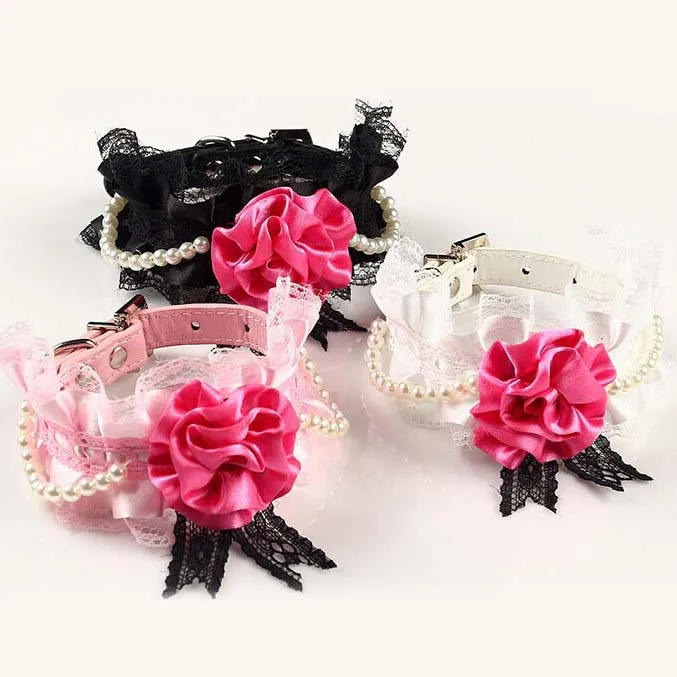 

Big Stain Rose Pu Dog Cats Collar with Bling Buckle Luxury Ribbon Flower Pets Collars with Pearls S M 3colors