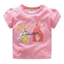 Новинка года, брендовые летние качественные хлопковые футболки с круглым вырезом и вышитым кроликом для маленьких девочек возрастом от 2 до 7 лет топы, рубашки