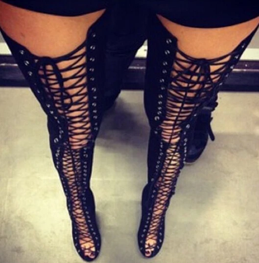 Hot women lace up thigh high boots cut-outs gladiator sandal boots over knee booty sexy club boots women plus size 12 13
