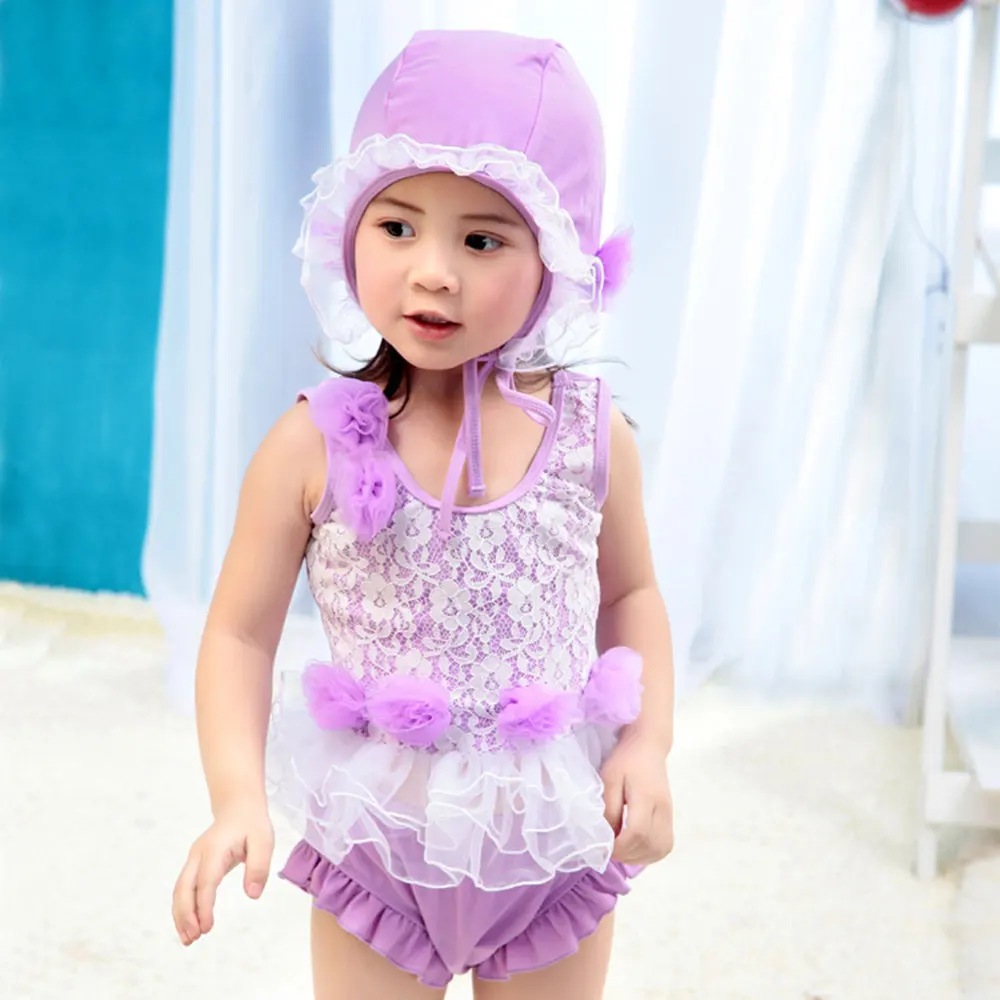 Модный корейский кружевной купальный костюм для маленьких девочек+ шапочка; купальная одежда принцессы для малышей; бикини; комплект из двух предметов; пляжная одежда