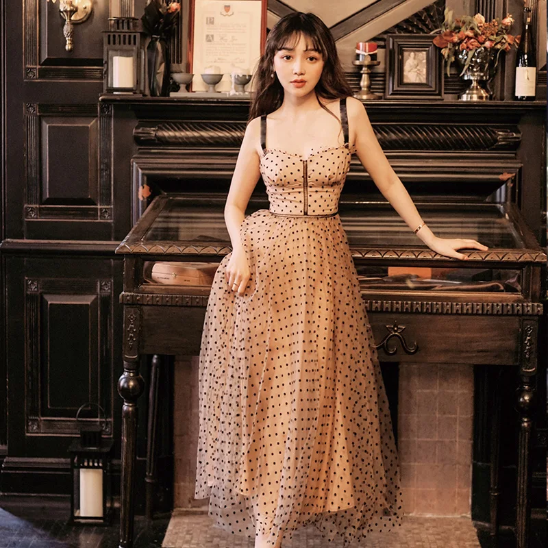 

Bohemian Chic Women Polka Dot Mesh Ball Gown Midi Dress 2019 Sexy Beaded Spaghetti Strap Beach Long Dress vestido lunares