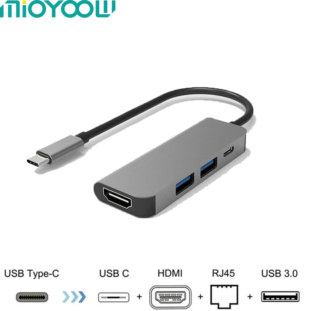 Mioyow 4 в 1 Thunderbolt 3 type-C-HDMI адаптер 2x USB 3,0 type C PD концентратор для MacBook Pro samsung Galaxy S8 type c концентратор