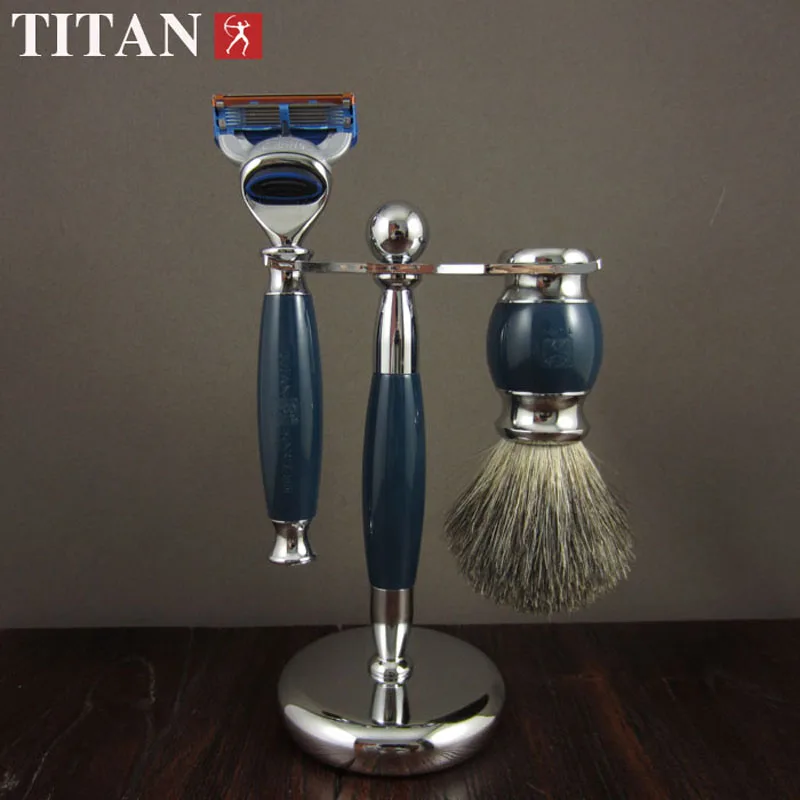 1 Razor + 1 Stand + 1 Brush 5 Layers Man Shaving Razor Titan Cassettes Shaver Set Imitation Wood