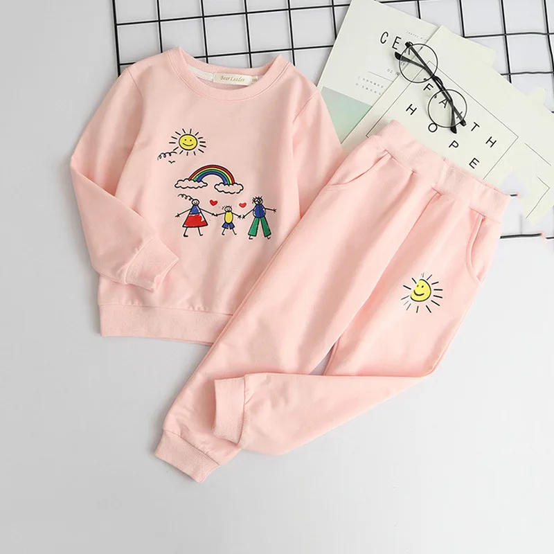 

2019 Spring And Autumn Cartoon Rainbow Family Print Girls Set Cartoon T-shirt + Pants Two-piece Children's Wear 9041