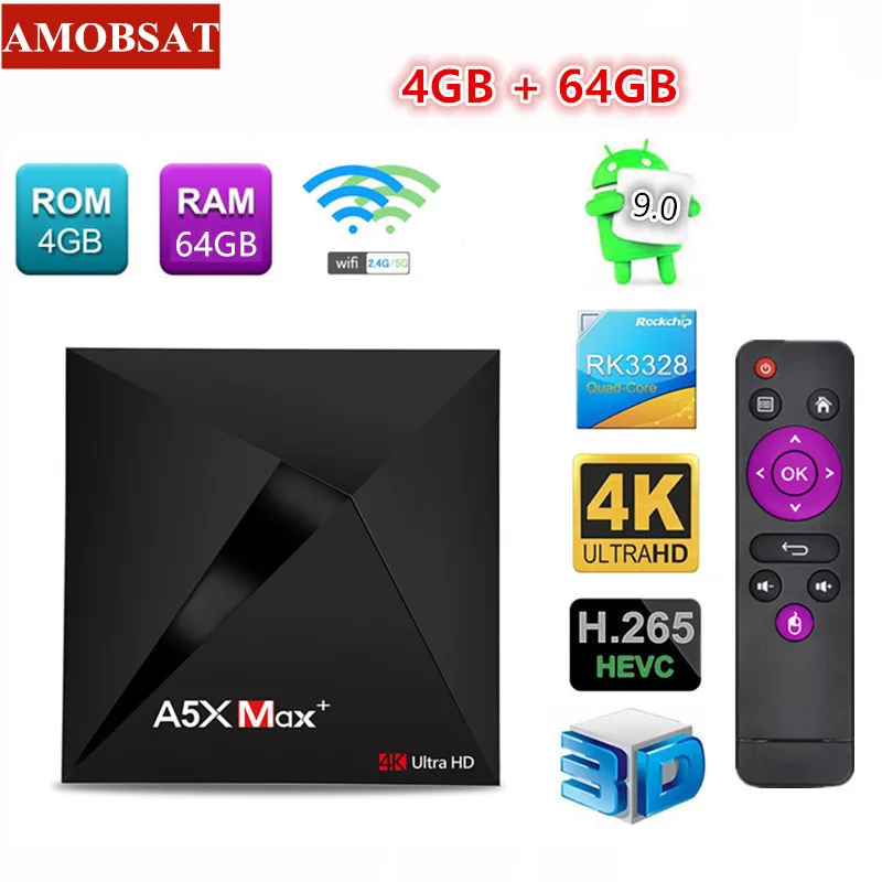 AMOBSAT A5X ماكس + الذكية الروبوت 9.0 التلفزيون مربع RK3326 4 K التلفزيون مربع HD 2.4G + 5G المزدوج واي فاي 100 M LAN USB3.0 بلوتوث 4.1 الوسائط مجموعة أعلى مربع