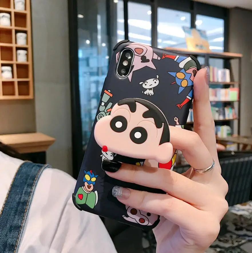 Для iphone 11 Pro Max Забавный мультяшный складной кронштейн Crayon Shinchan модный противоударный чехол для мобильного телефона iphone 6 6s 7 7plus 8 8plus X XR XS максимальный чехол - Цвет: Черный