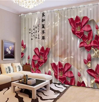 

3D Curtain Decorative Door Curtain Jade Carving Red Flowers Any Size Bedroom Living room Office Hotel Cortinas