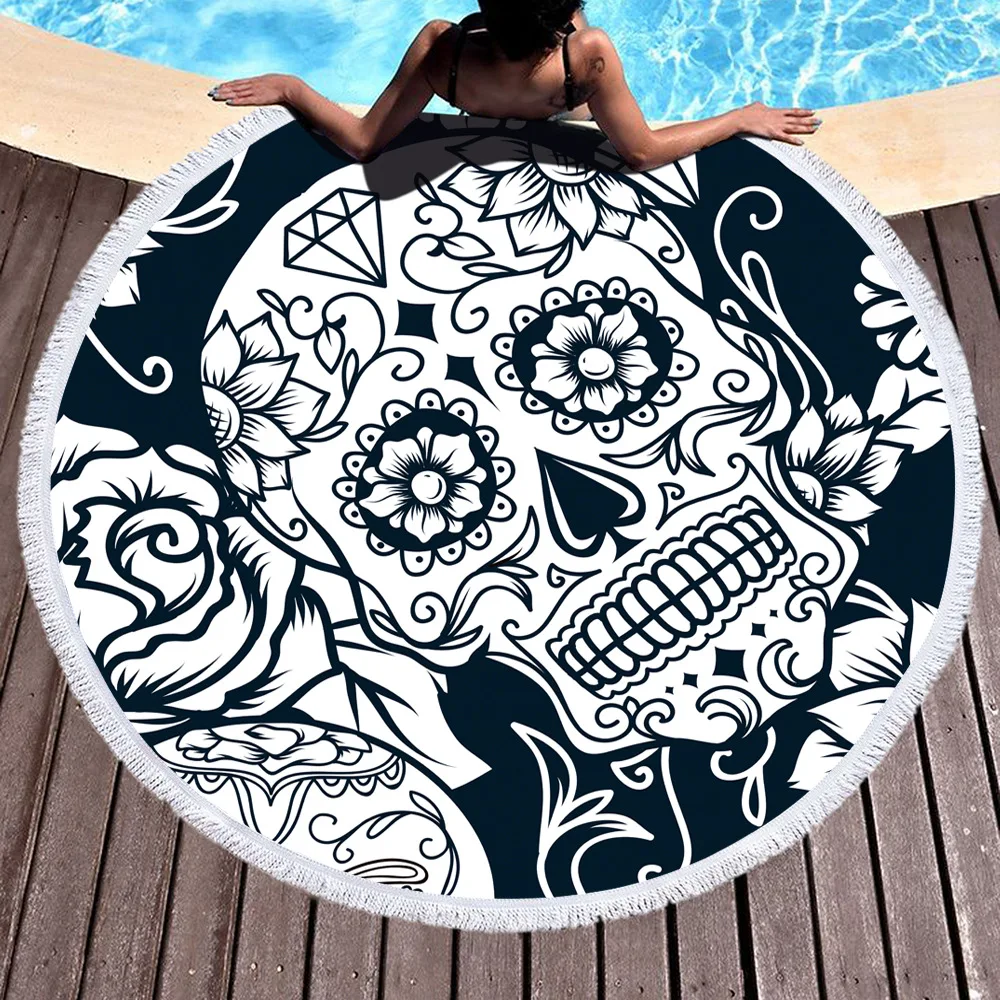 Buy Cilected Black And White Skull Printed Round Beach Towel For Adults Floral