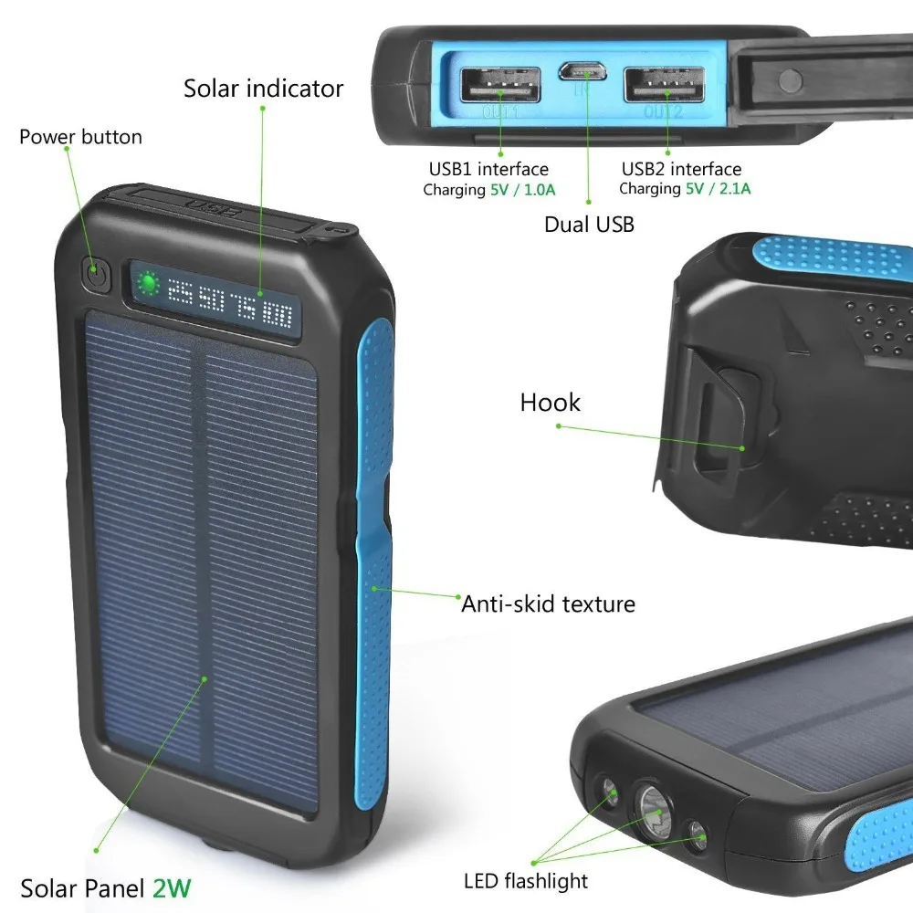 10000 мАч двойное USB водонепроницаемое солнечное зарядное устройство Солнечный внешний аккумулятор Новое внешнее зарядное устройство Внешний аккумулятор для смартфона
