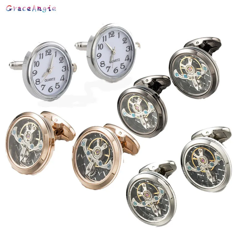 

1 Pair High-end Watch Cufflinks Real Clock Cuff links With Battery Tourbill Cufflings Machine Core Mechanical Gemelos