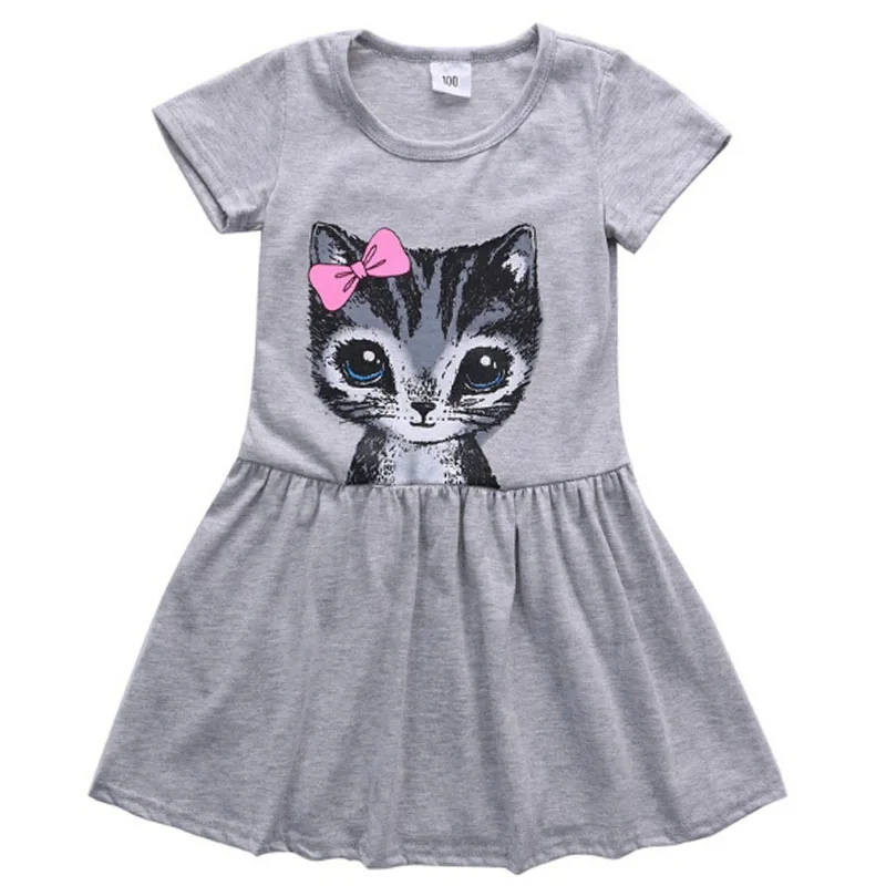 2017 New Short Sleeves Cat Dresses Kid Girls Children Princess Dress Cute Lovely Party Bow Cat