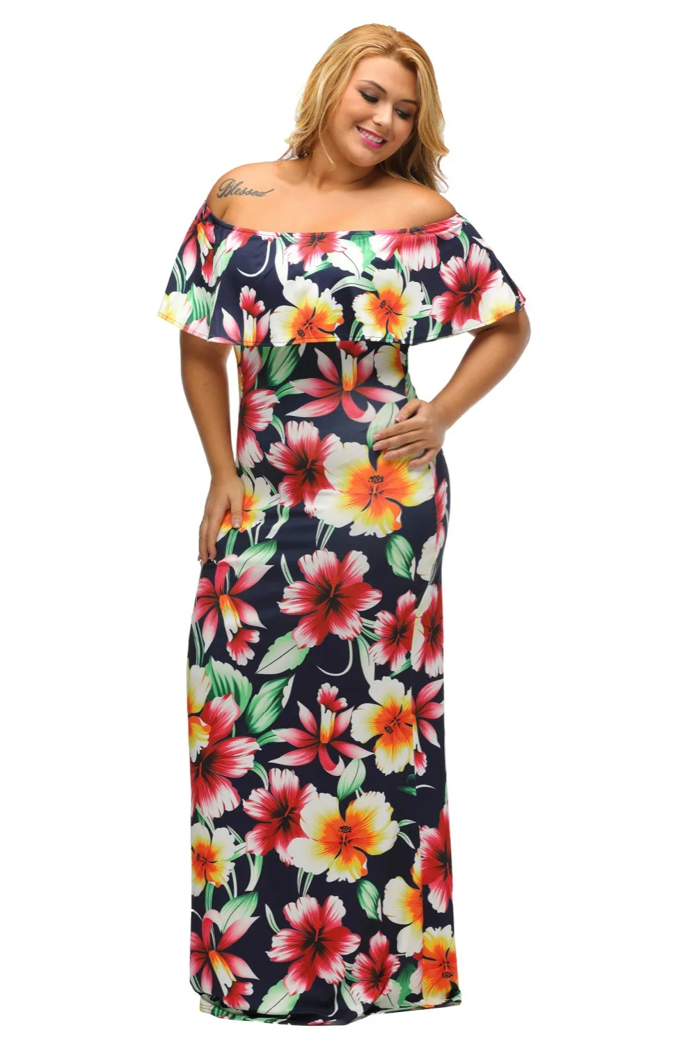 Navy-Blue-Roses-Print-Off-the-shoulder-Maxi-Dress-LC61189-5-11