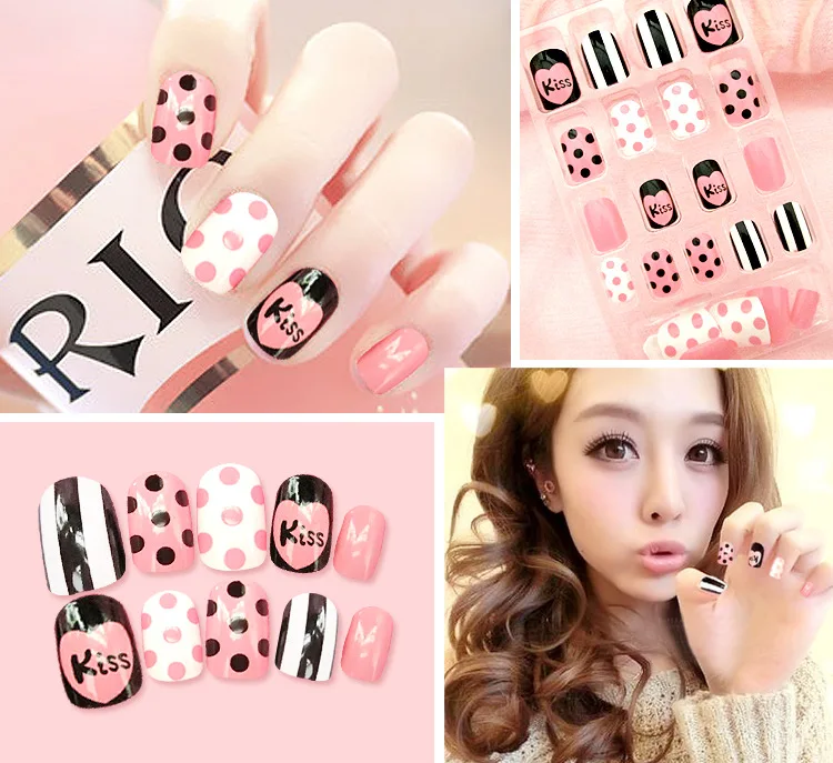 spesifikasi 24 Pcs Kuku Palsu Gadis Lucu Kuku Palsu Desain Pola CIUMAN Tekan pada Kuku Unhas Dot Stripe Penutup Penuh Pendek Tips Alami 27