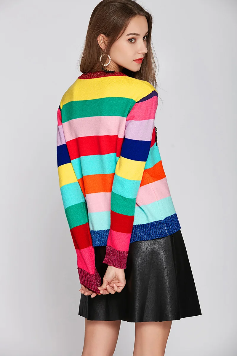 Winter Sequins Tiger Sweaters Women Rainbow Color Striped Pullovers Slim Fit Fashion Streetwear Pull Jumper Femme Clothing