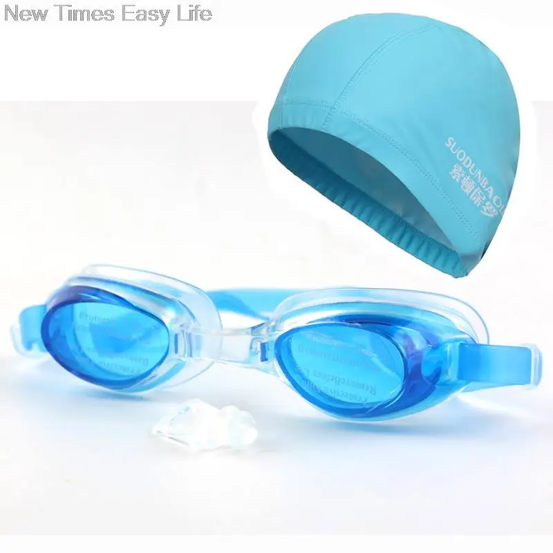 Adult Waterproof Swim Swimming Goggles Eyewear Glasses w/ Case & Ear Hair Protection PU Fabric Cap Hat For Men Women Ladies
