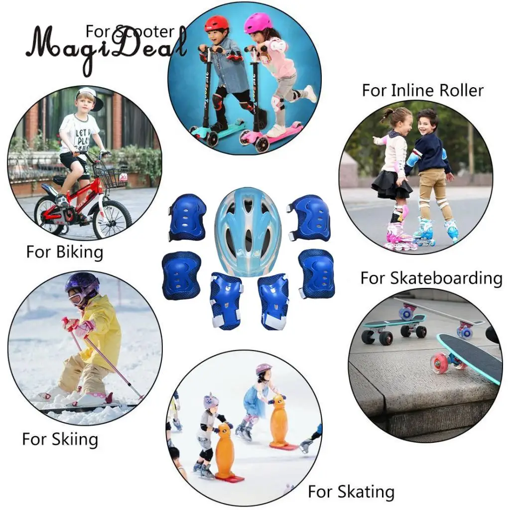 MagiDeal 7 Pieces Kids Safety Roller Skating Helmet Knee Elbow Wrist Pads Set for Bicycle Cycling Skateboarding Protective Gear