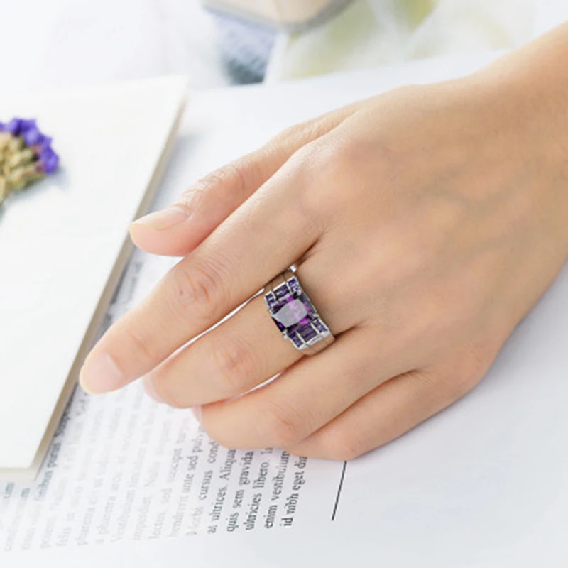 Qevila Hot Fashion Natural Amethyst Gemstones Ring Plated White Gold Handmade Engagement Party Rings for Women Men Jewelry Gifts Boho (6)
