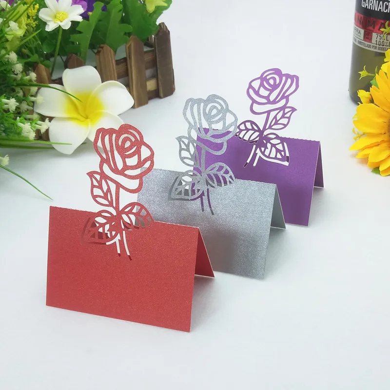 

100Pcs Rose Flower Greeting Card Hollow Out Pearlescent Paper Laser Cutting Wedding Seat Card Invitation Letter Table Card6ZZ29