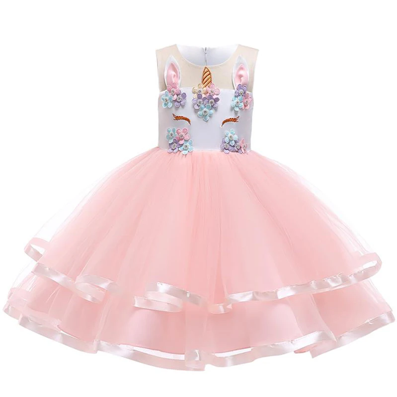 Детское платье-пачка с единорогом Радужное платье принцессы для дня рождения карнавальный костюм с пони для девочек Vestido Festa Infantil - Цвет: Pink