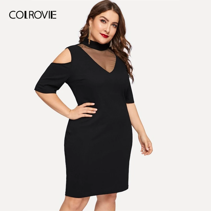 

COLROVIE Plus Size Black Mesh Insert Cold Shoulder Bodycon Elegant Dress Women 2019 Summer Slim Fit Party Knee Length Dresses