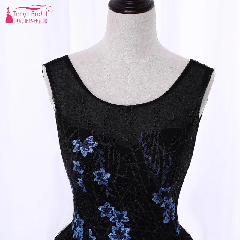 Платье для выпускного вечера с цветочной вышивкой короткое спереди длинное сзади длинное бальное платье Черное вечернее платье для выпускного вечера DQG112